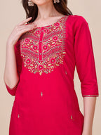 Chanderi Hot Pink Kurta With Pant And Dupatta Set, Multicolor - Hiral Fashion | Grocsy