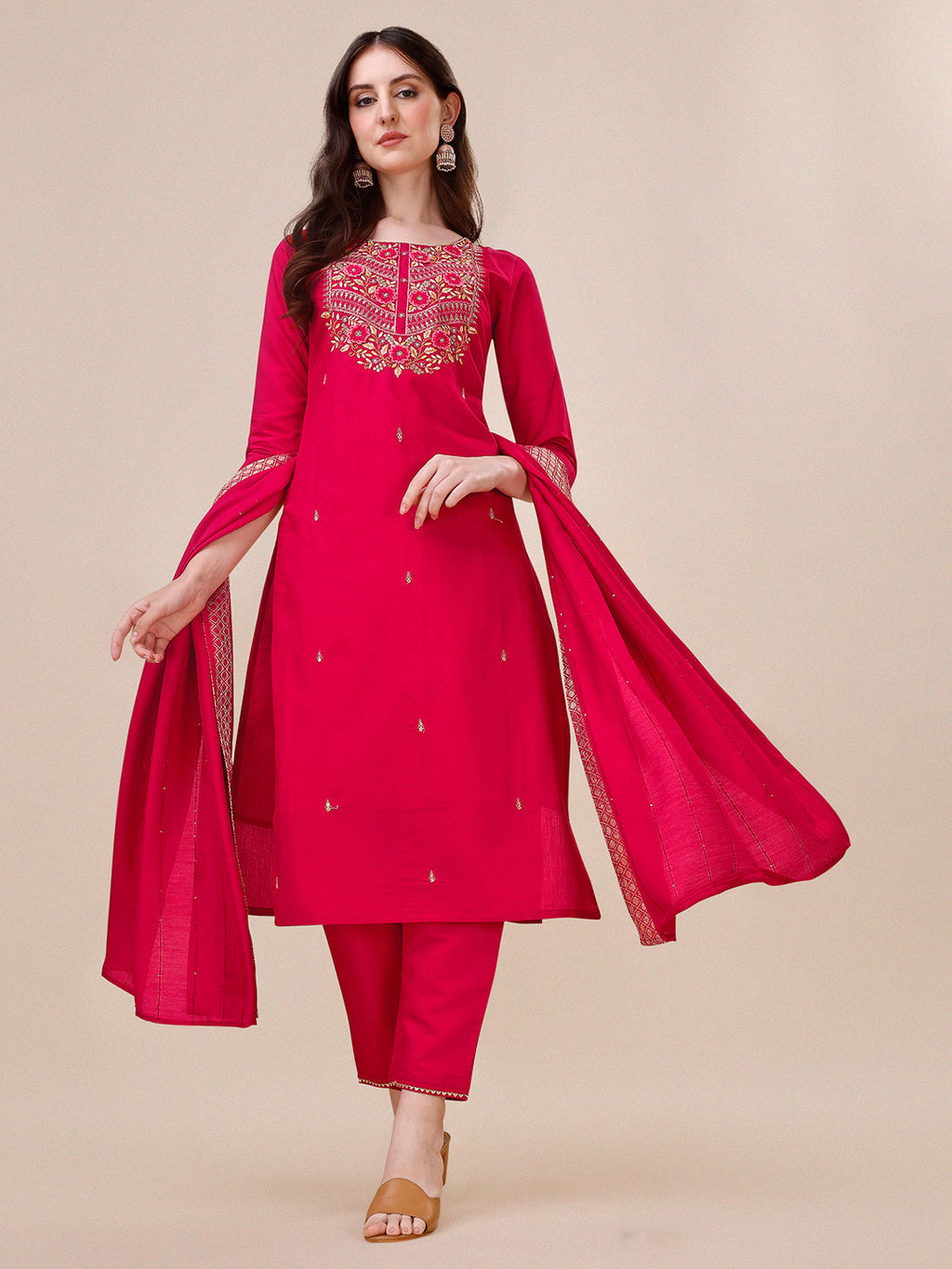 Chanderi Hot Pink Kurta With Pant And Dupatta Set, Multicolor - Hiral Fashion | Grocsy