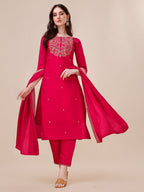 Chanderi Hot Pink Kurta With Pant And Dupatta Set, Multicolor - Hiral Fashion | Grocsy