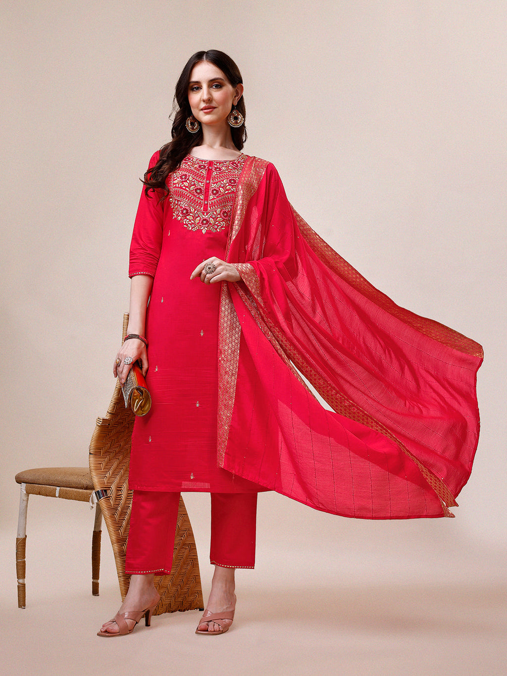 Handworked Red Kurta With Pant And Dupatta Set, Multicolor - Hiral Fashion | Grocsy