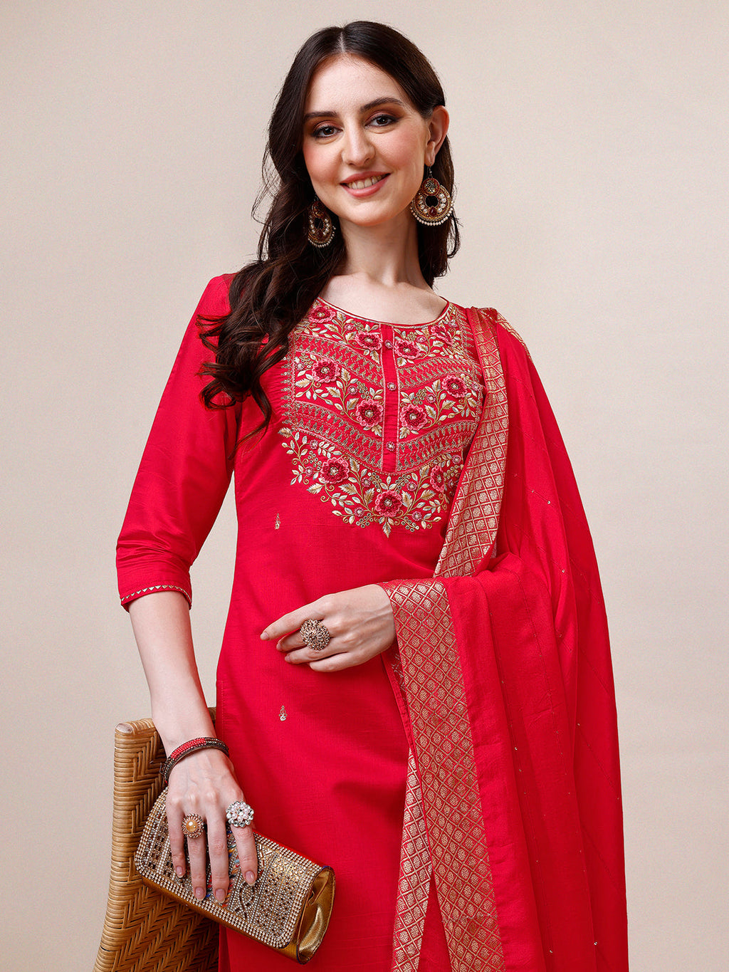 Handworked Red Kurta With Pant And Dupatta Set, Multicolor - Hiral Fashion | Grocsy