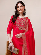 Handworked Red Kurta With Pant And Dupatta Set, Multicolor - Hiral Fashion | Grocsy