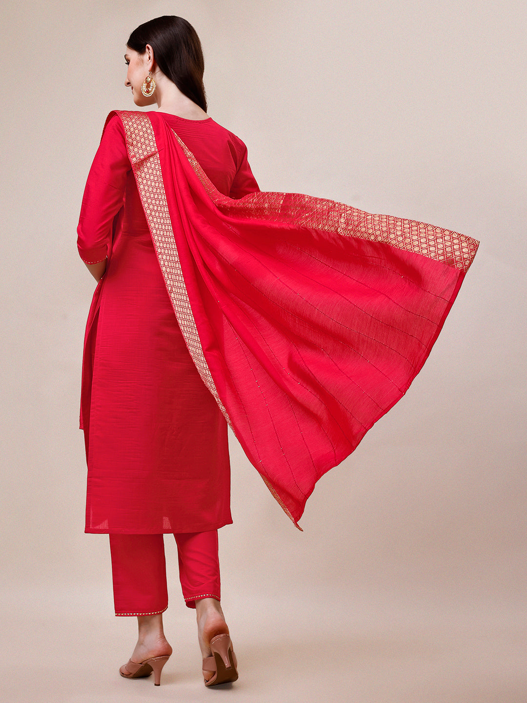 Handworked Red Kurta With Pant And Dupatta Set, Multicolor - Hiral Fashion | Grocsy