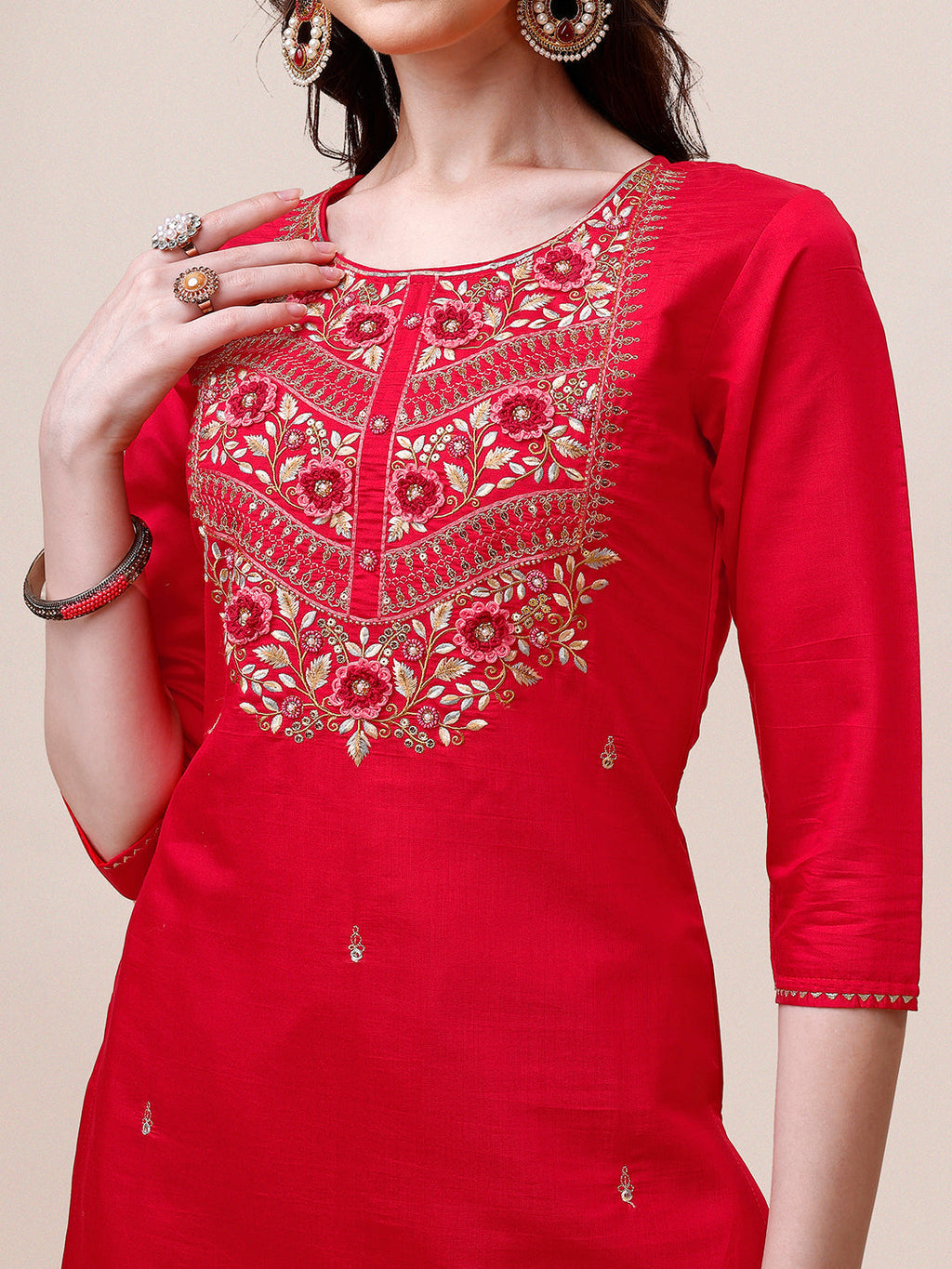 Handworked Red Kurta With Pant And Dupatta Set, Multicolor - Hiral Fashion | Grocsy