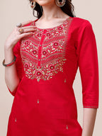Handworked Red Kurta With Pant And Dupatta Set, Multicolor - Hiral Fashion | Grocsy