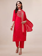 Handworked Red Kurta With Pant And Dupatta Set, Multicolor - Hiral Fashion | Grocsy