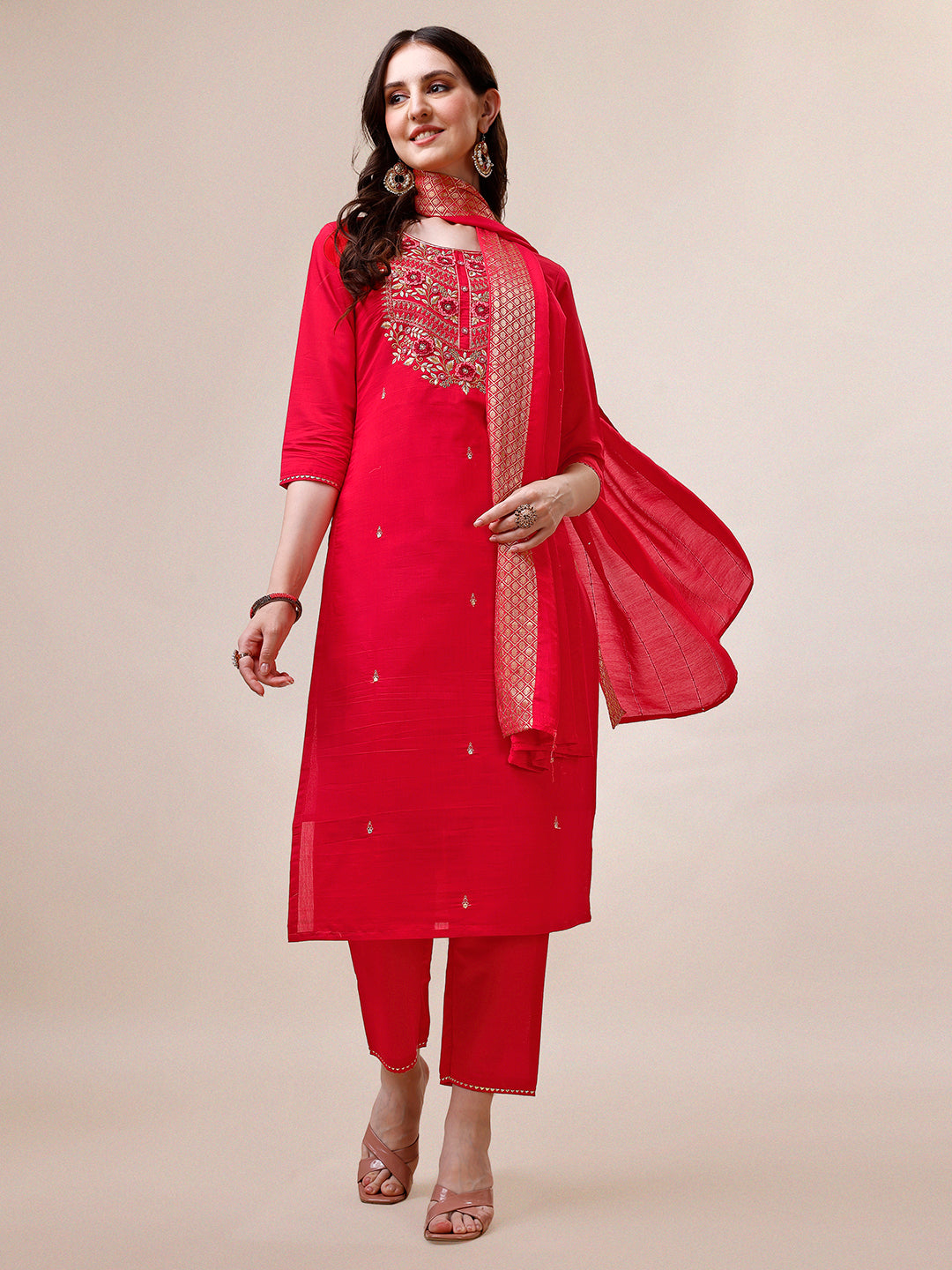 Handworked Red Kurta With Pant And Dupatta Set, Multicolor - Hiral Fashion | Grocsy