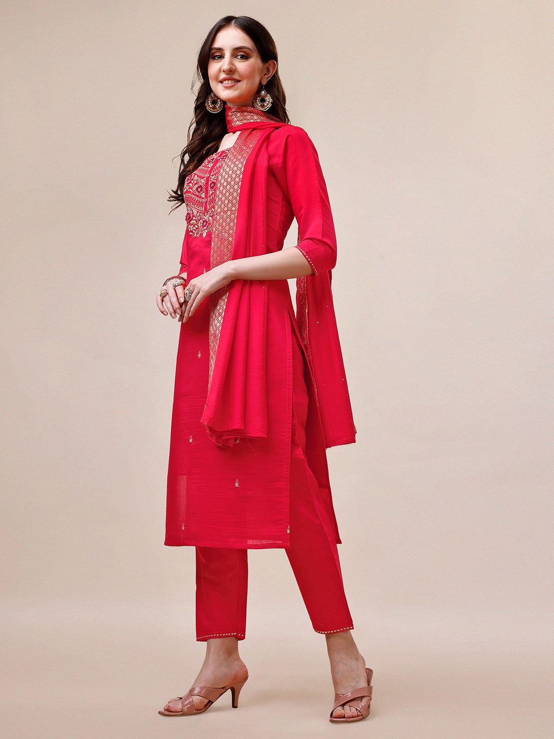 Handworked Red Kurta With Pant And Dupatta Set, Multicolor - Hiral Fashion | Grocsy