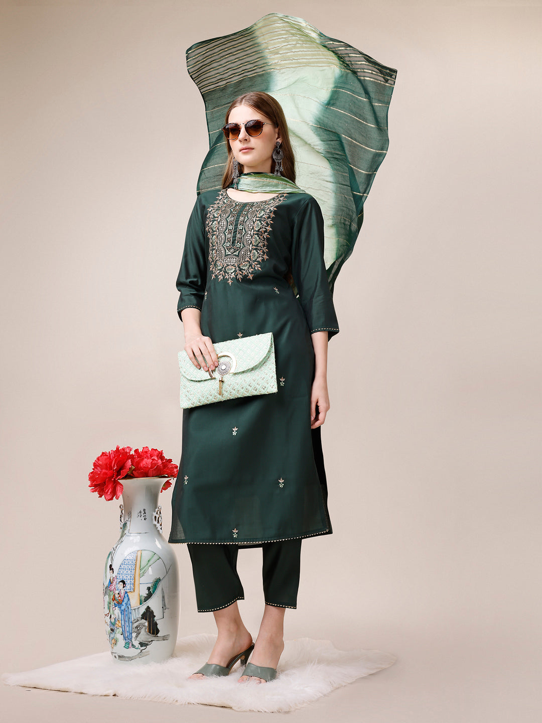 Embroidered Kurta With Pant And Dupatta Set, Multicolor - Hiral Fashion | Grocsy