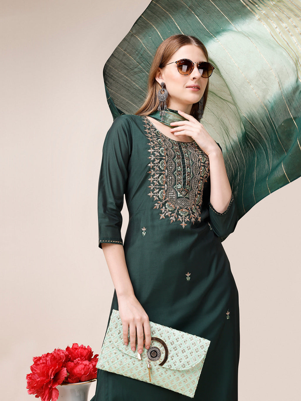 Embroidered Kurta With Pant And Dupatta Set, Multicolor - Hiral Fashion | Grocsy