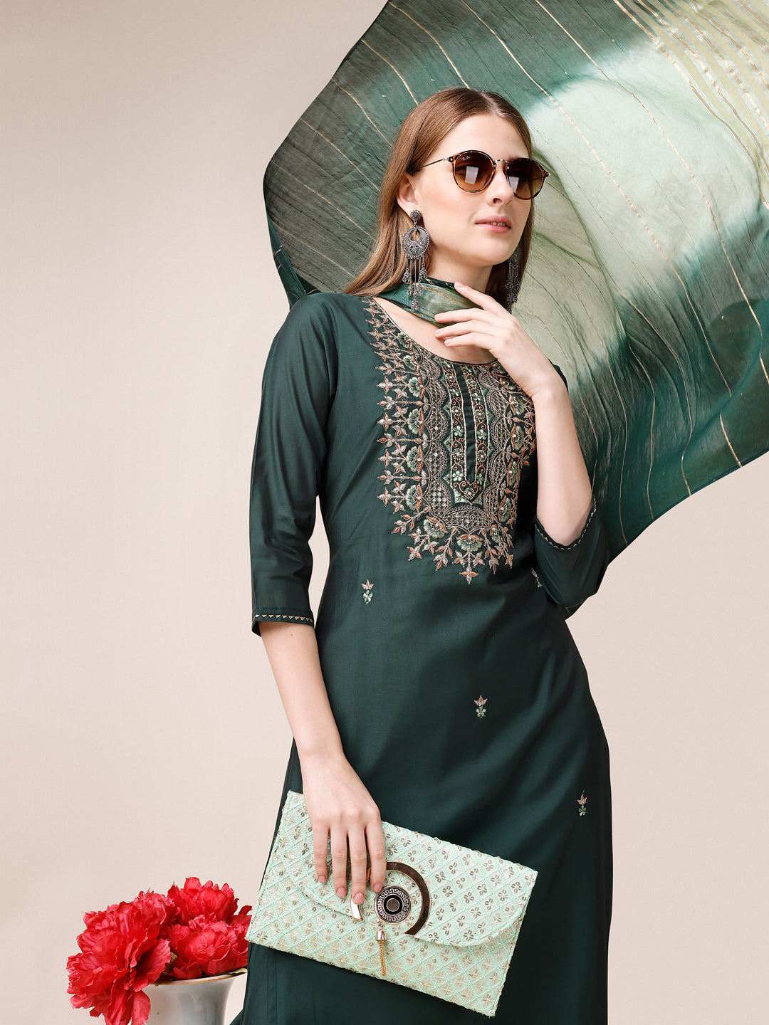 Embroidered Kurta With Pant And Dupatta Set, Multicolor - Hiral Fashion | Grocsy