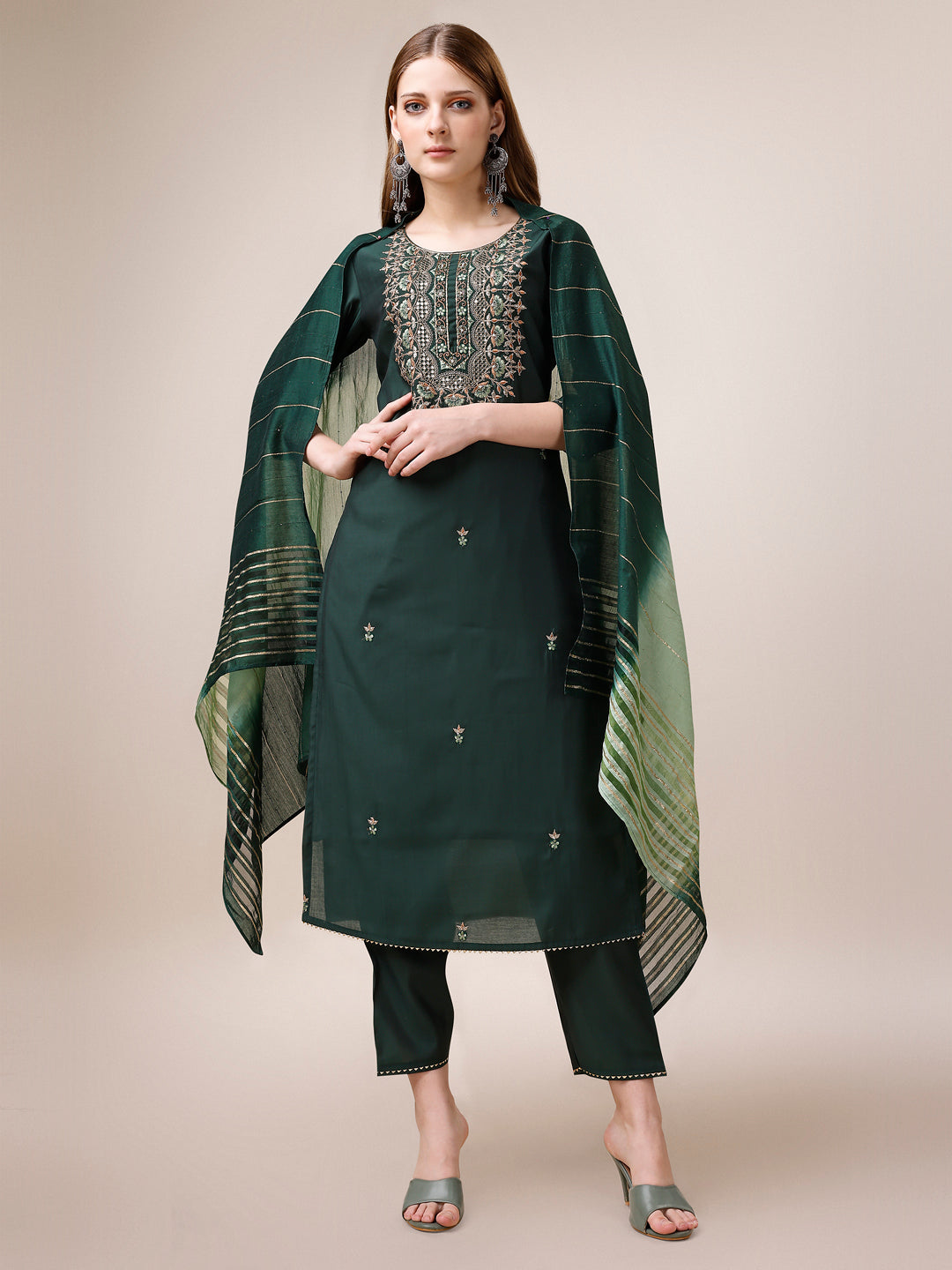 Embroidered Kurta With Pant And Dupatta Set, Multicolor - Hiral Fashion | Grocsy