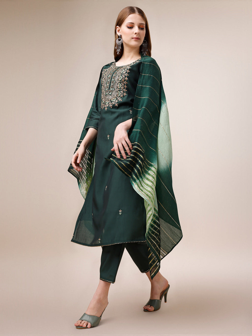 Embroidered Kurta With Pant And Dupatta Set, Multicolor - Hiral Fashion | Grocsy