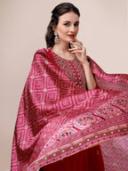 Embroidered Silk Blend Kurta With Pant & Printed Dupatta, Multicolor - Hiral Fashion | Grocsy