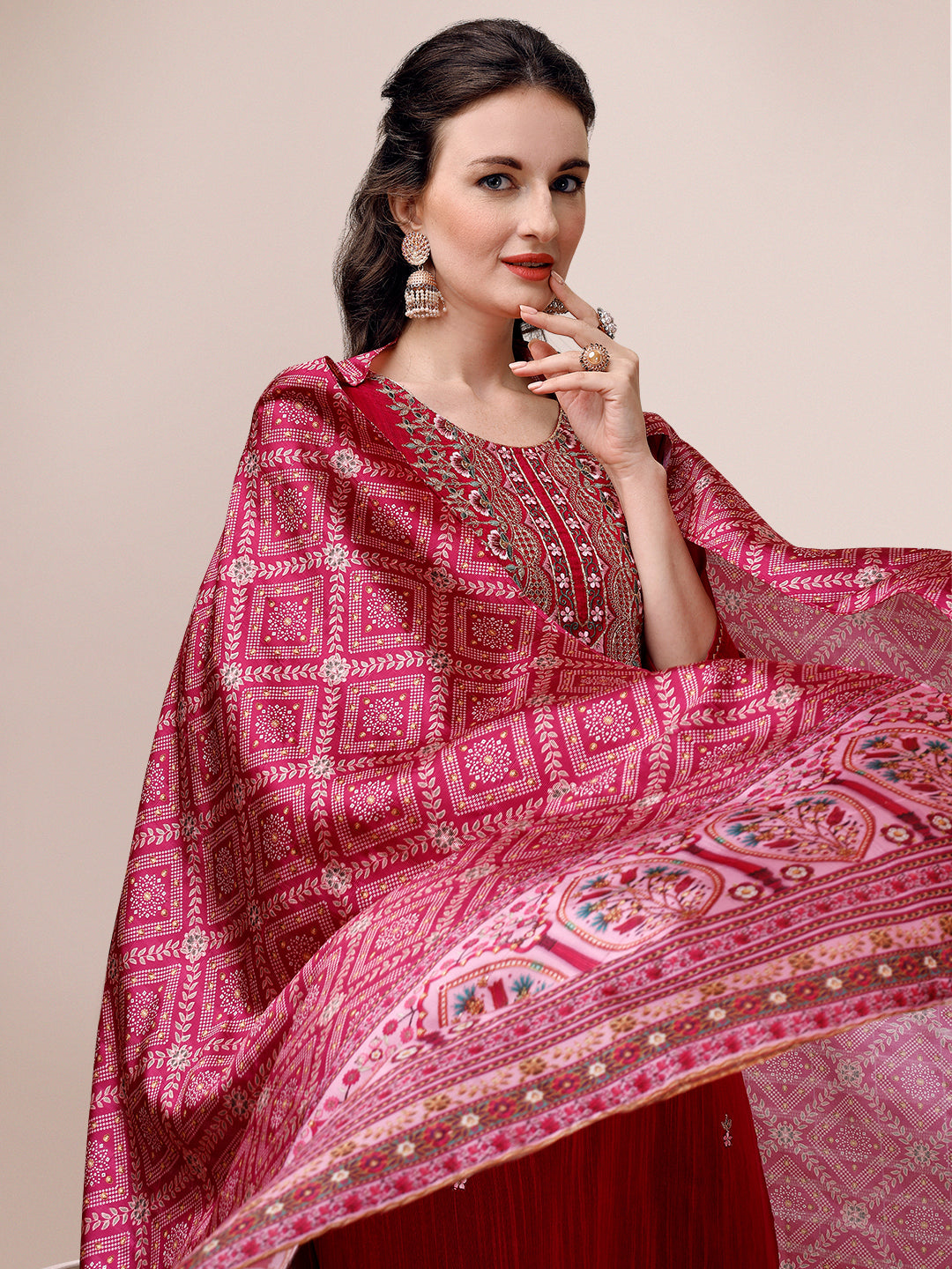 Embroidered Silk Blend Kurta With Pant & Printed Dupatta, Multicolor - Hiral Fashion | Grocsy