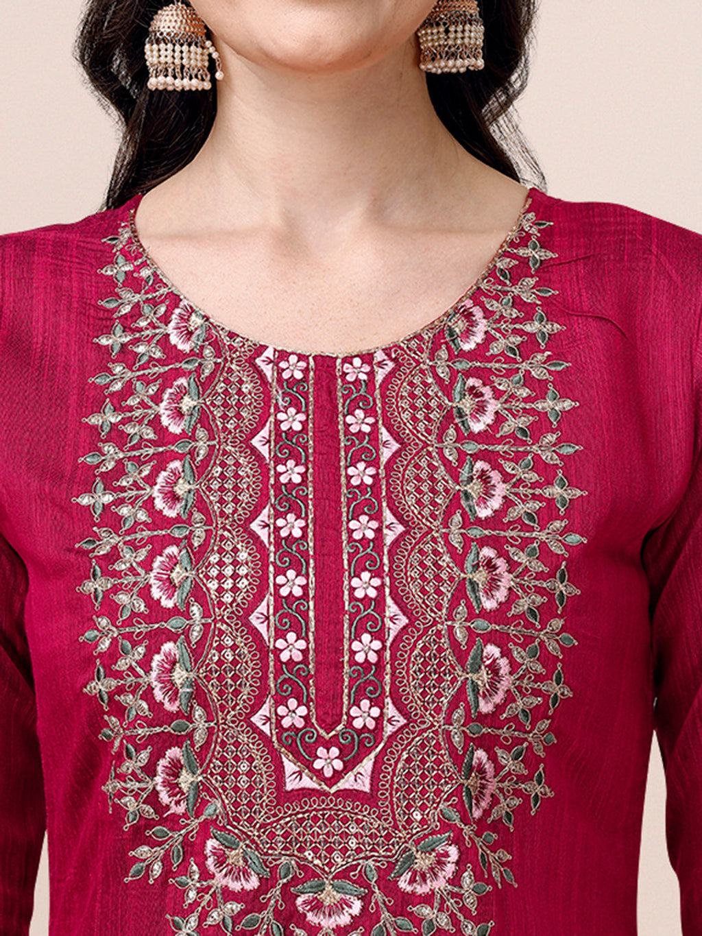 Embroidered Silk Blend Kurta With Pant & Printed Dupatta, Multicolor - Hiral Fashion | Grocsy