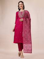 Embroidered Silk Blend Kurta With Pant & Printed Dupatta, Multicolor - Hiral Fashion | Grocsy