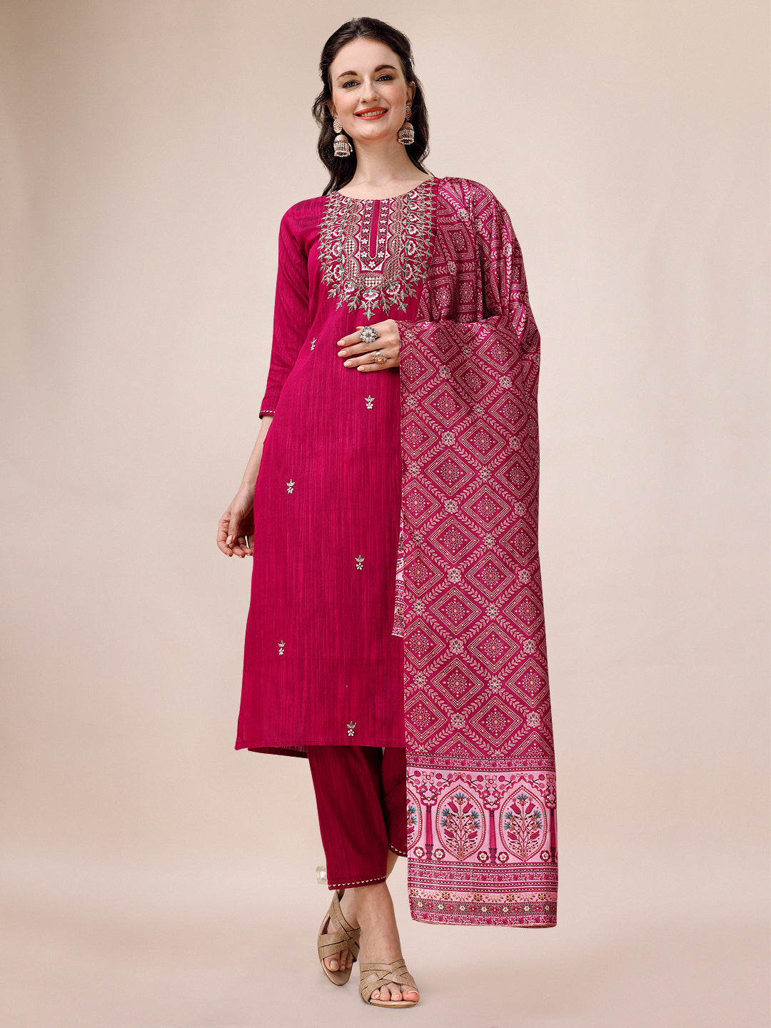 Embroidered Silk Blend Kurta With Pant & Printed Dupatta, Multicolor - Hiral Fashion | Grocsy