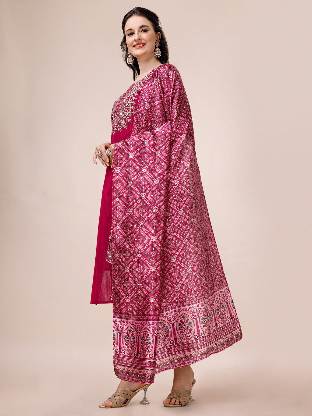 Embroidered Silk Blend Kurta With Pant & Printed Dupatta, Multicolor - Hiral Fashion | Grocsy