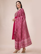 Embroidered Silk Blend Kurta With Pant & Printed Dupatta, Multicolor - Hiral Fashion | Grocsy