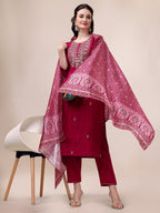 Embroidered Silk Blend Kurta With Pant & Printed Dupatta, Multicolor - Hiral Fashion | Grocsy