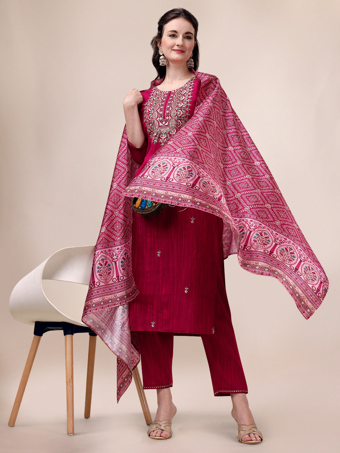 Embroidered Silk Blend Kurta With Pant & Printed Dupatta, Multicolor - Hiral Fashion | Grocsy