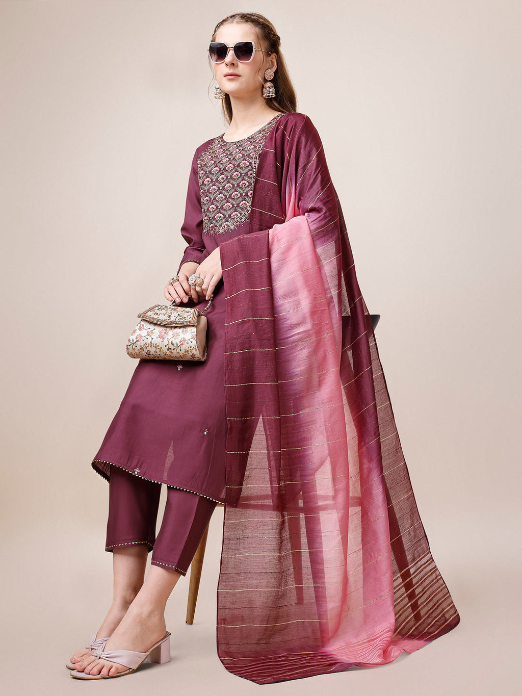 Embroidered Kurta With Pant & Dupatta, Multicolor - Hiral Fashion | Grocsy