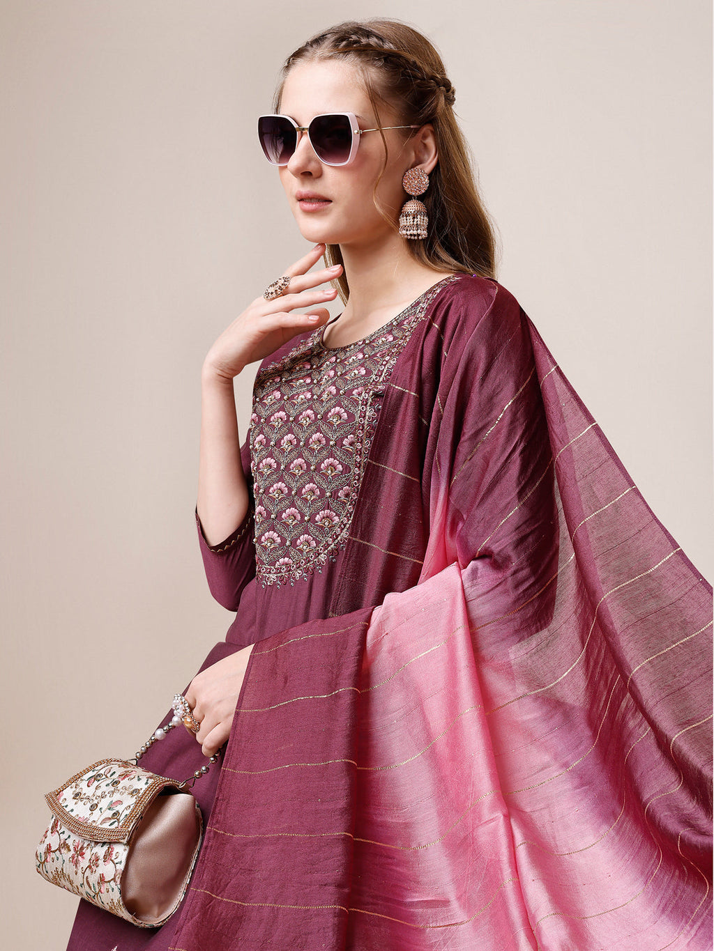 Embroidered Kurta With Pant & Dupatta, Multicolor - Hiral Fashion | Grocsy