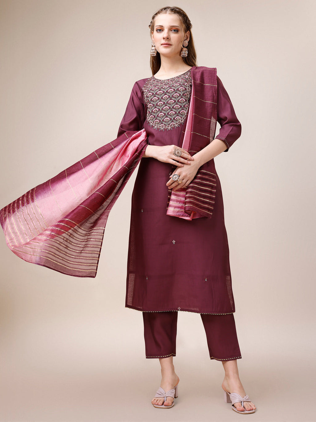 Embroidered Kurta With Pant & Dupatta, Multicolor - Hiral Fashion | Grocsy