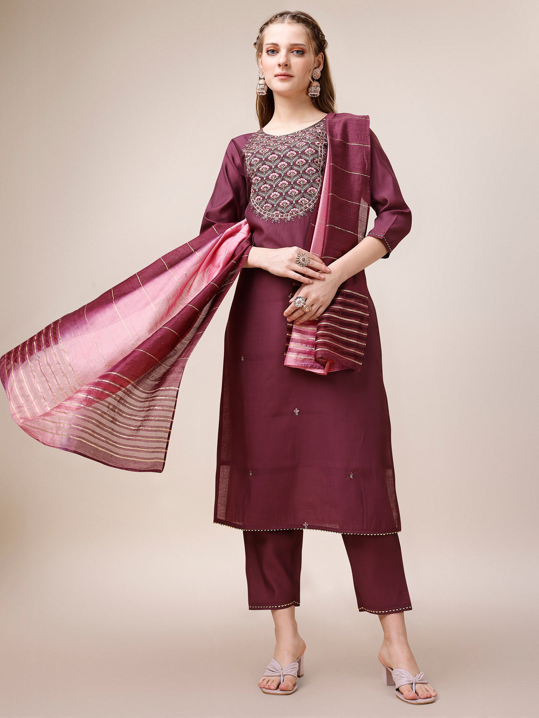 Embroidered Kurta With Pant & Dupatta, Multicolor - Hiral Fashion | Grocsy