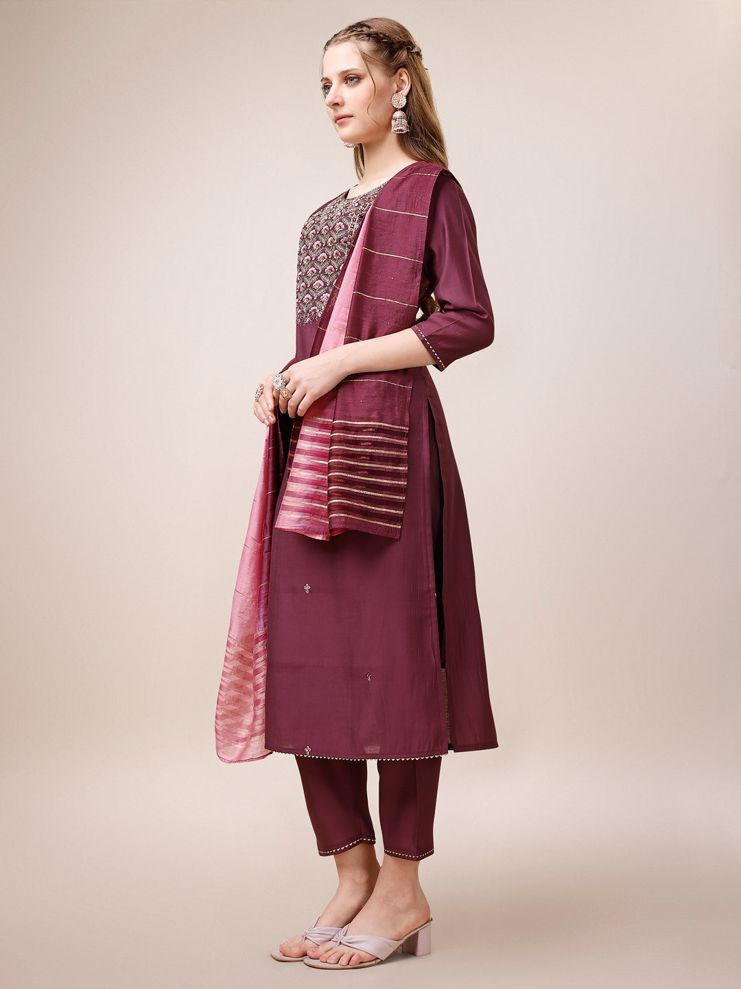 Embroidered Kurta With Pant & Dupatta, Multicolor - Hiral Fashion | Grocsy