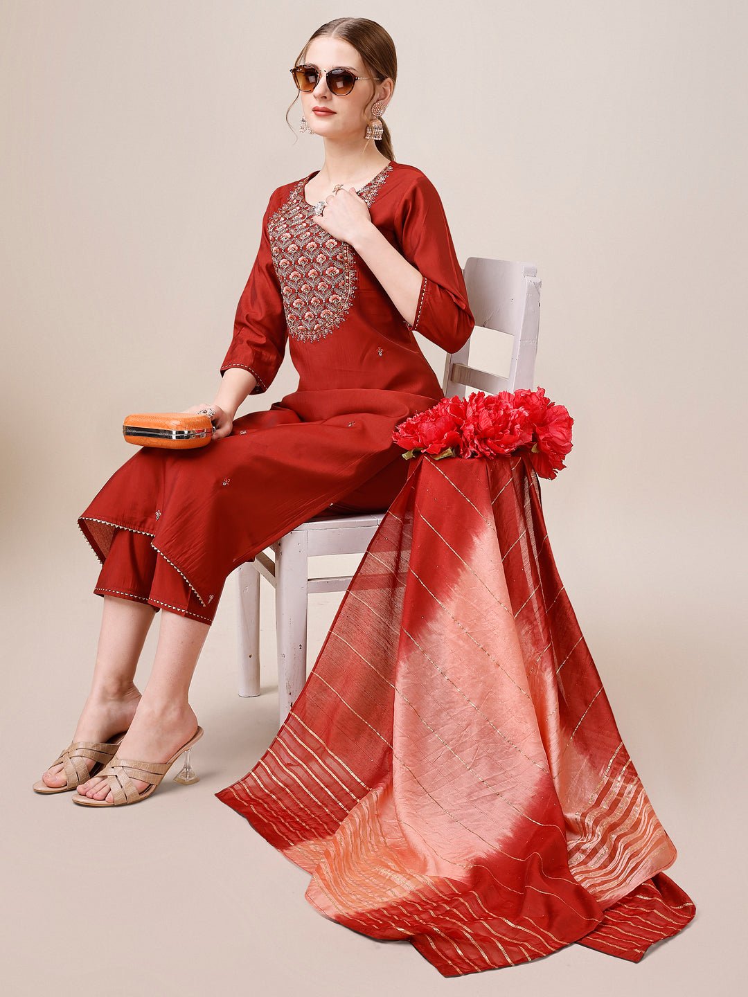 Embroidered Kurta With Pant & Dupatta, Multicolor - Hiral Fashion | Grocsy