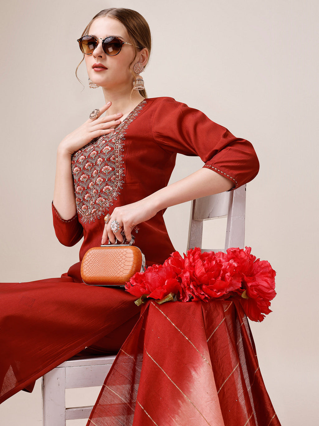 Embroidered Kurta With Pant & Dupatta, Multicolor - Hiral Fashion | Grocsy