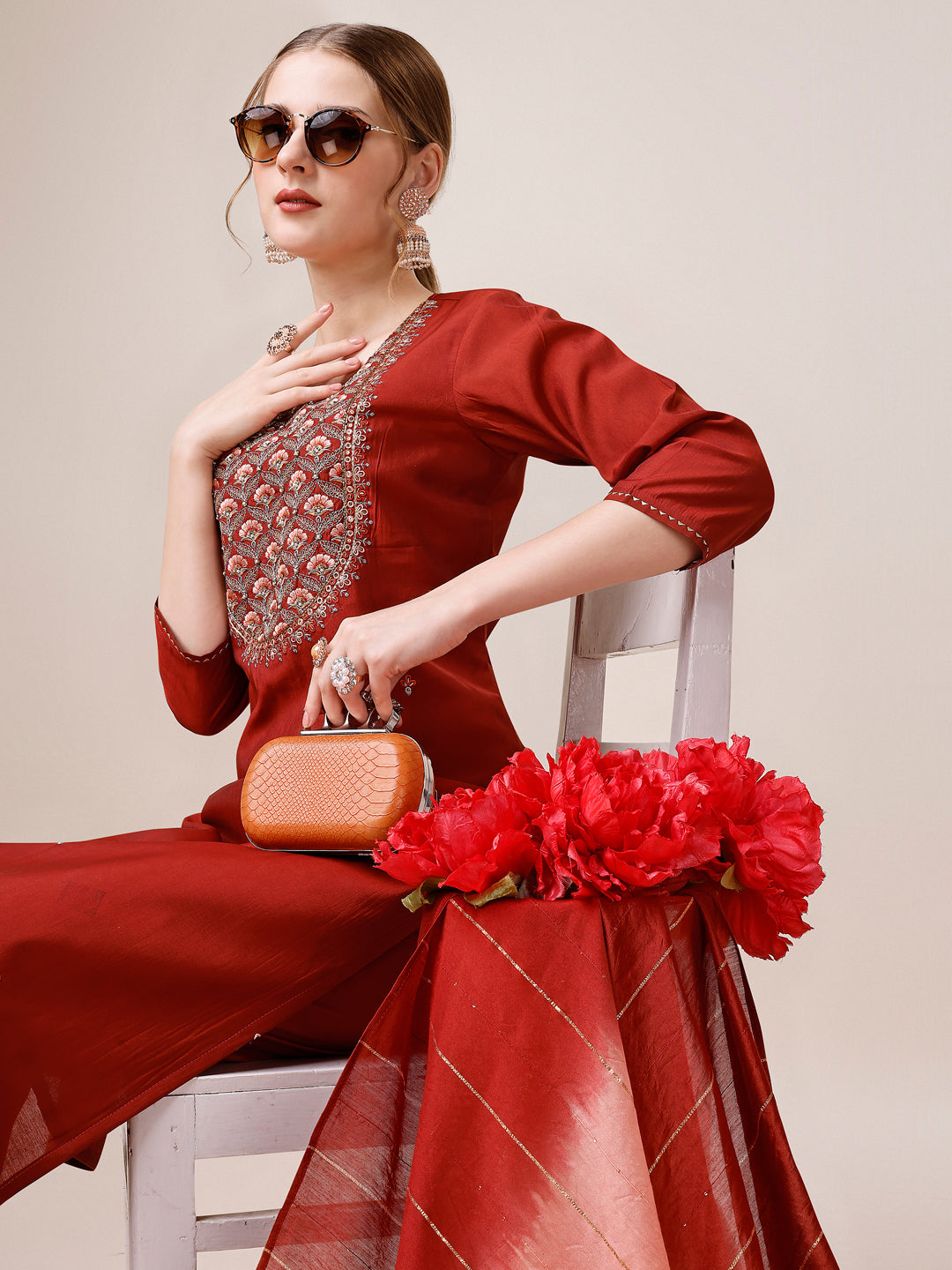 Embroidered Kurta With Pant & Dupatta, Multicolor - Hiral Fashion | Grocsy