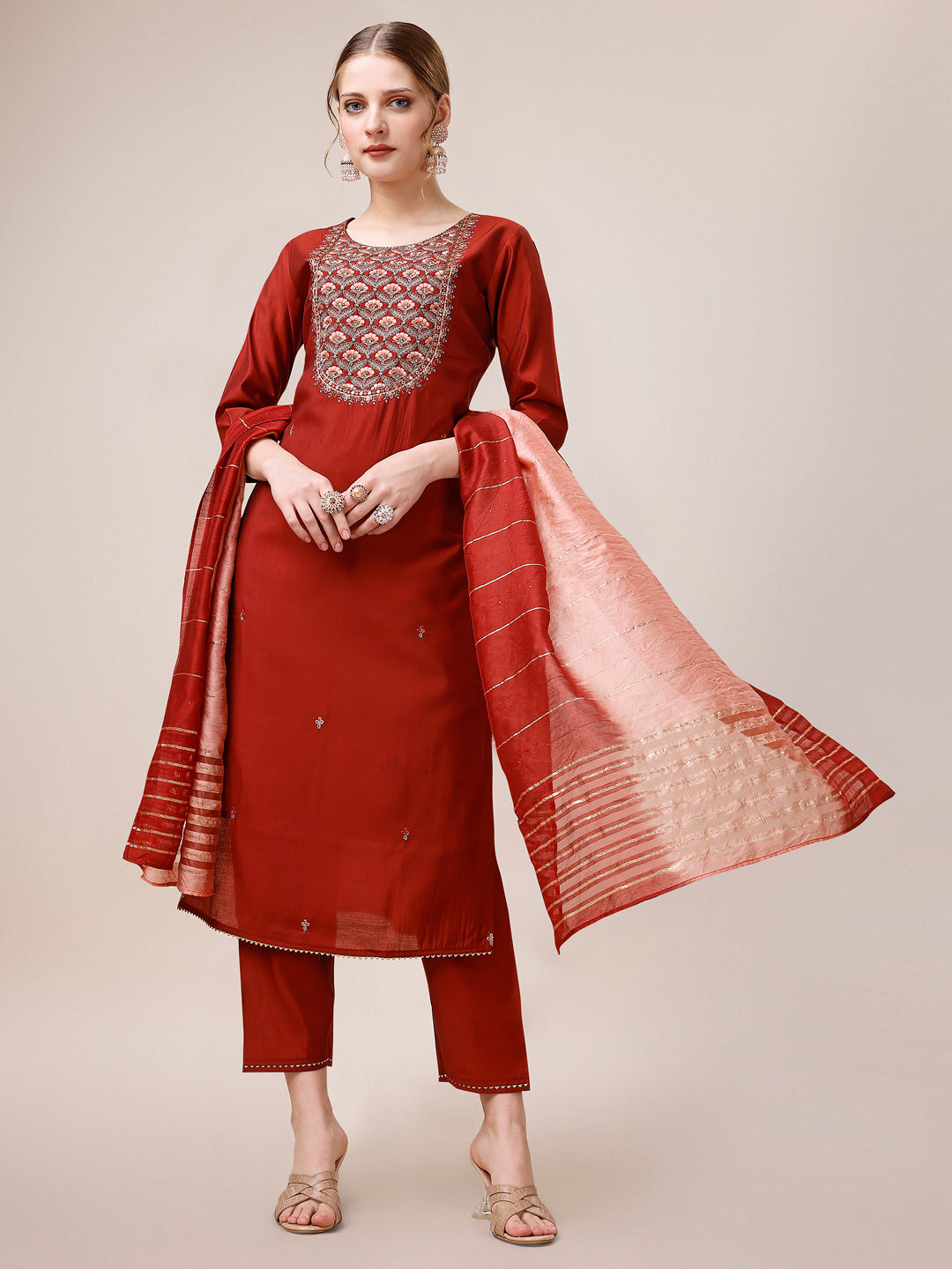 Embroidered Kurta With Pant & Dupatta, Multicolor - Hiral Fashion | Grocsy