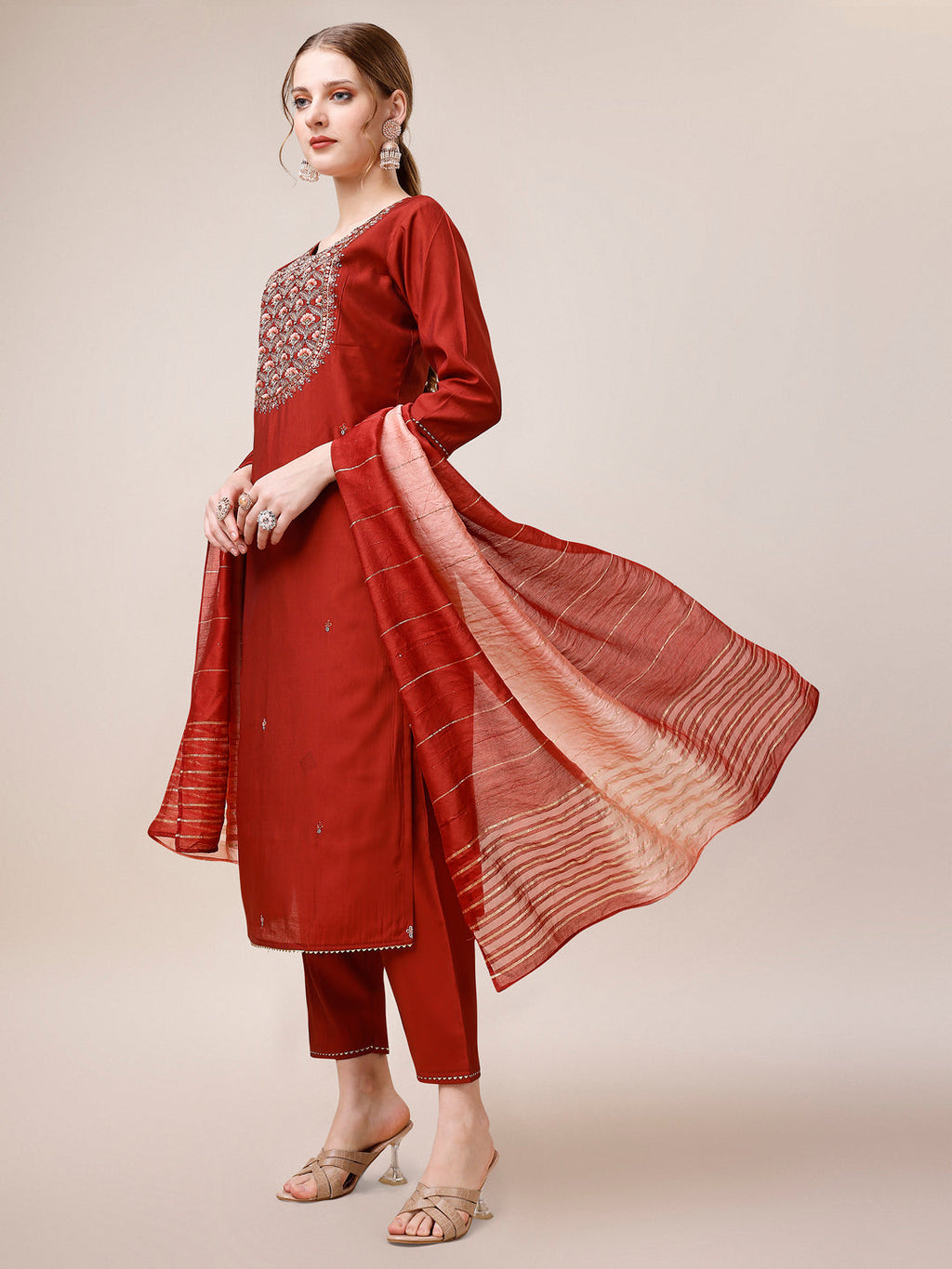 Embroidered Kurta With Pant & Dupatta, Multicolor - Hiral Fashion | Grocsy