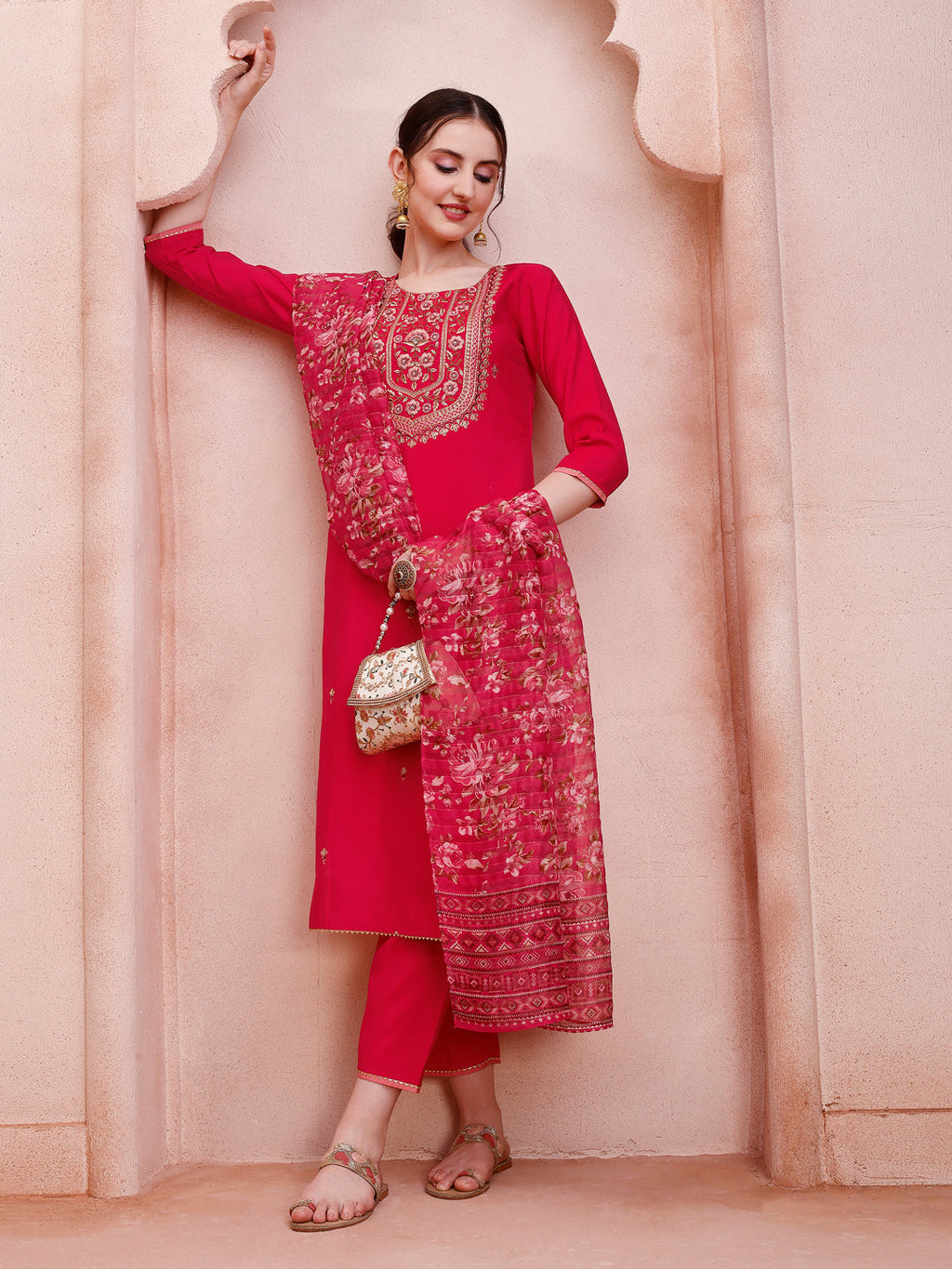 Embroidered Kurta With Pant And Dupatta Set, Multicolor - Hiral Fashion | Grocsy