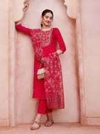 Embroidered Kurta With Pant And Dupatta Set, Multicolor - Hiral Fashion | Grocsy