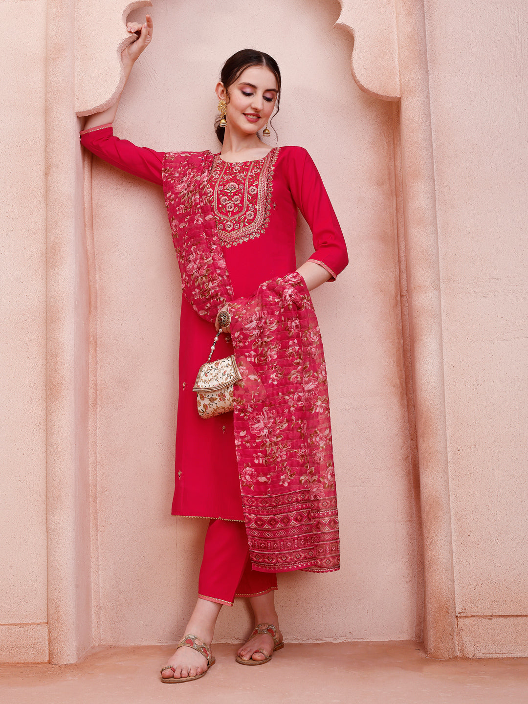 Embroidered Kurta With Pant And Dupatta Set, Multicolor - Hiral Fashion | Grocsy