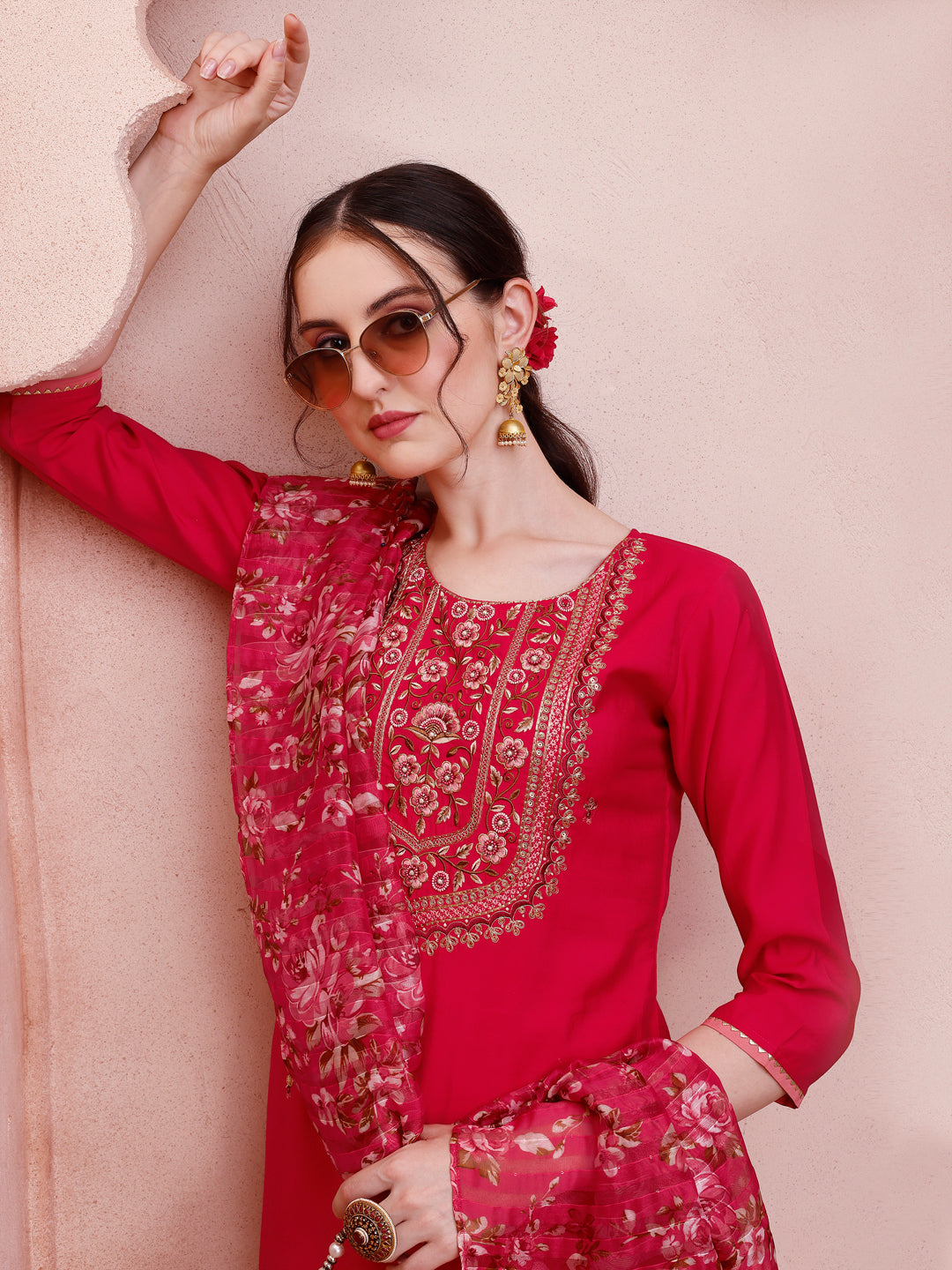 Embroidered Kurta With Pant And Dupatta Set, Multicolor - Hiral Fashion | Grocsy