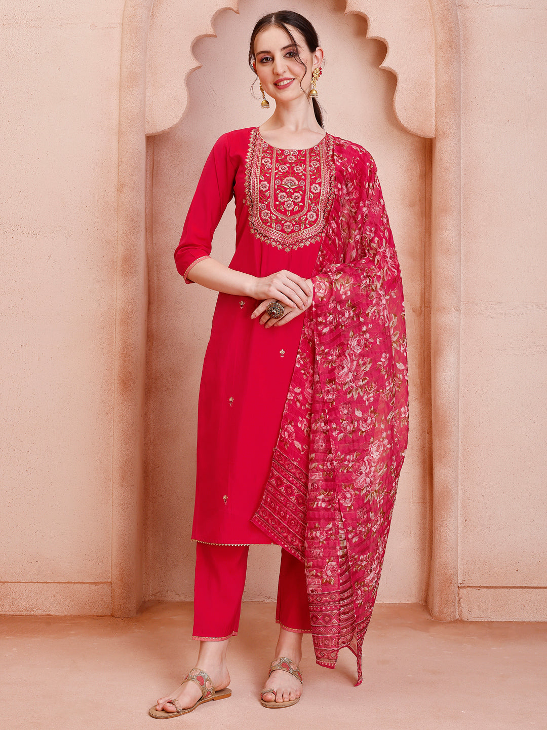 Embroidered Kurta With Pant And Dupatta Set, Multicolor - Hiral Fashion | Grocsy