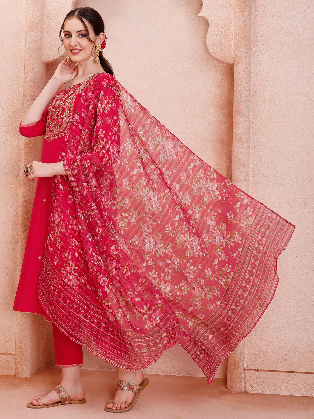 Embroidered Kurta With Pant And Dupatta Set, Multicolor - Hiral Fashion | Grocsy