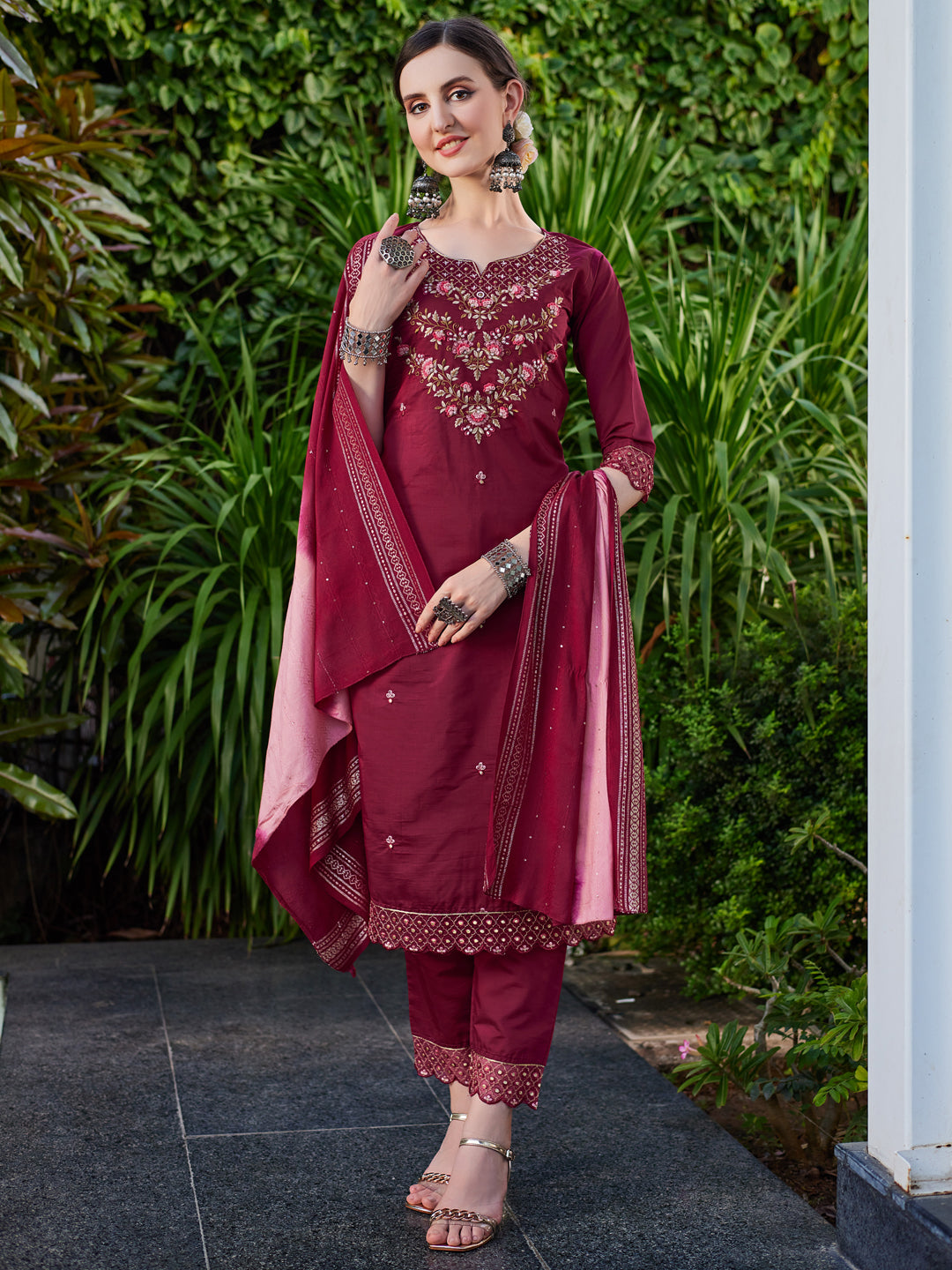 Hand Embroidered Kurta With Pant And Dupatta Set Premium, Multicolor - Hiral Fashion | Grocsy