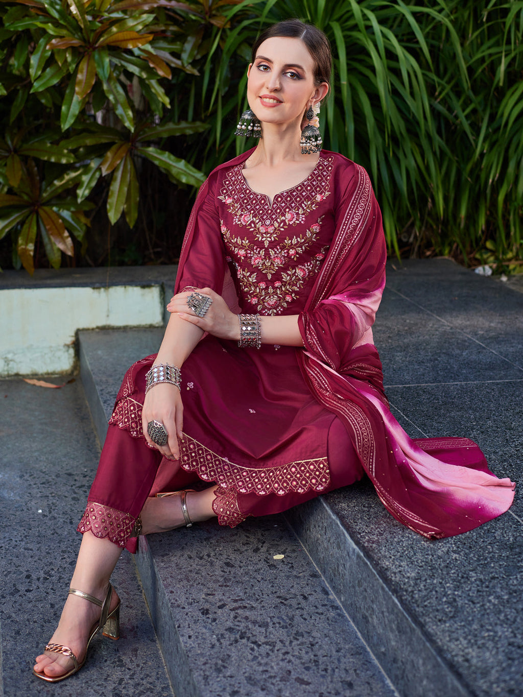 Hand Embroidered Kurta With Pant And Dupatta Set Premium, Multicolor - Hiral Fashion | Grocsy