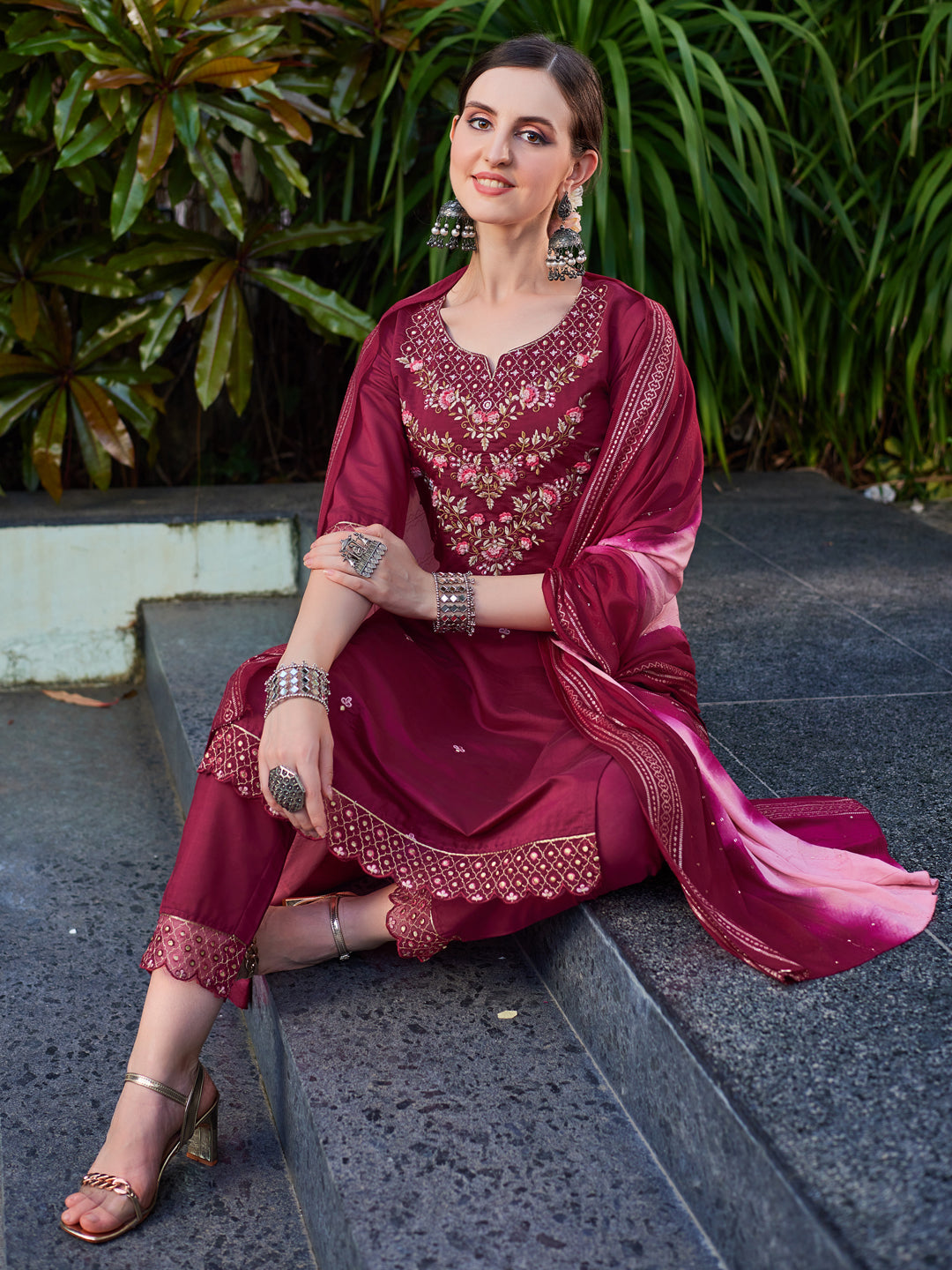 Hand Embroidered Kurta With Pant And Dupatta Set Premium, Multicolor - Hiral Fashion | Grocsy