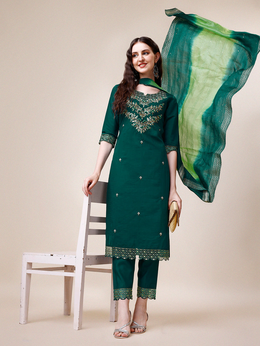 Hand Embroidered Chanderi Kurta With Pant And Dupatta Set Premium, Multicolor - Hiral Fashion | Grocsy