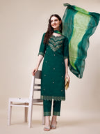 Hand Embroidered Chanderi Kurta With Pant And Dupatta Set Premium, Multicolor - Hiral Fashion | Grocsy