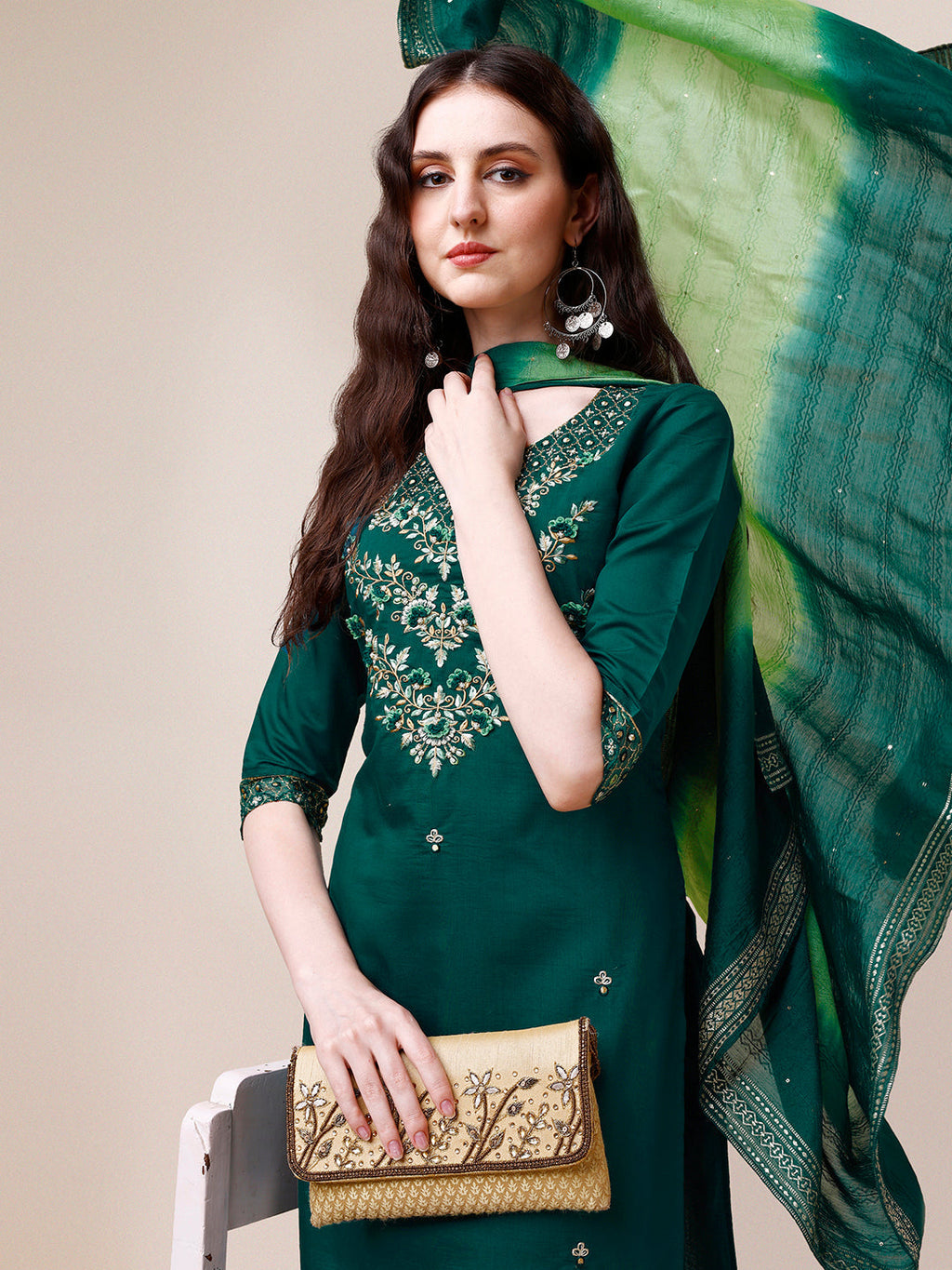 Hand Embroidered Chanderi Kurta With Pant And Dupatta Set Premium, Multicolor - Hiral Fashion | Grocsy
