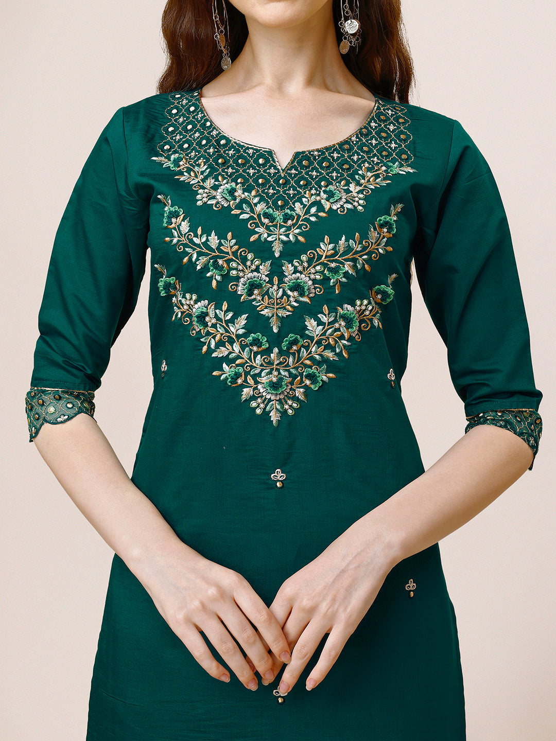 Hand Embroidered Chanderi Kurta With Pant And Dupatta Set Premium, Multicolor - Hiral Fashion | Grocsy