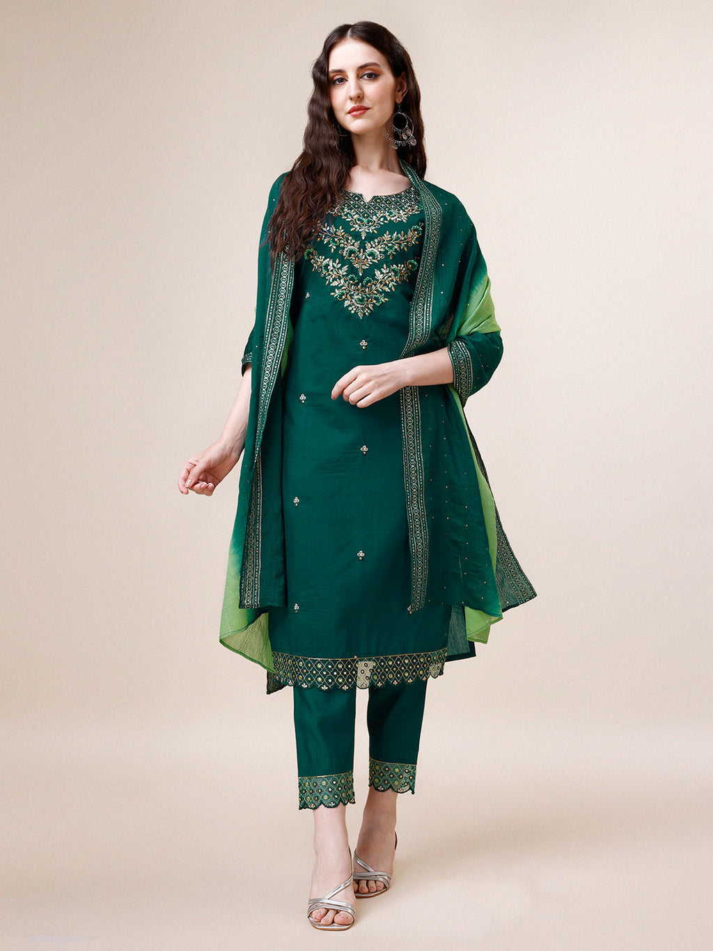 Hand Embroidered Chanderi Kurta With Pant And Dupatta Set Premium, Multicolor - Hiral Fashion | Grocsy